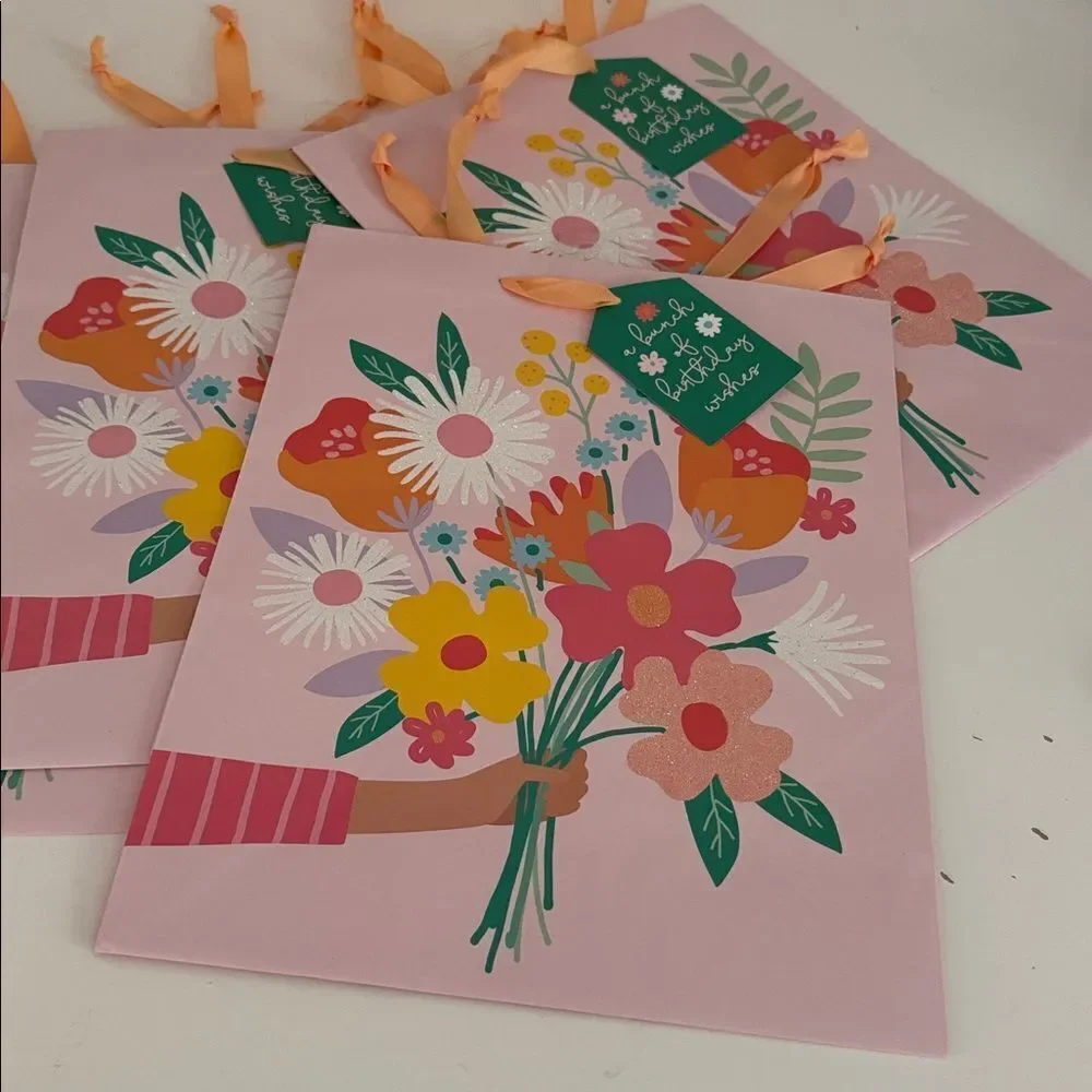 Spirit Pink Floral Gift Bags with Orange Handles  NWT